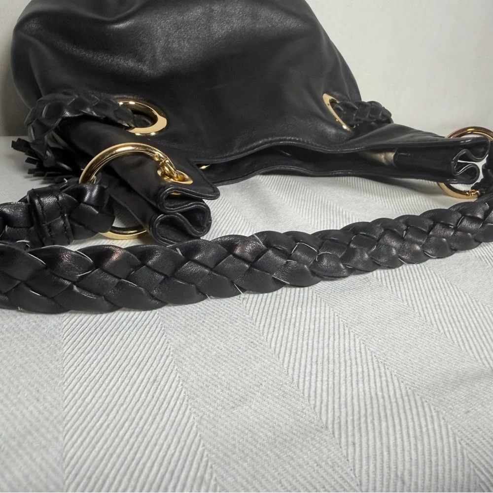 Michael Kors Black Leather Hobo Tassels Gold Accents Shoulder Handbag Purse